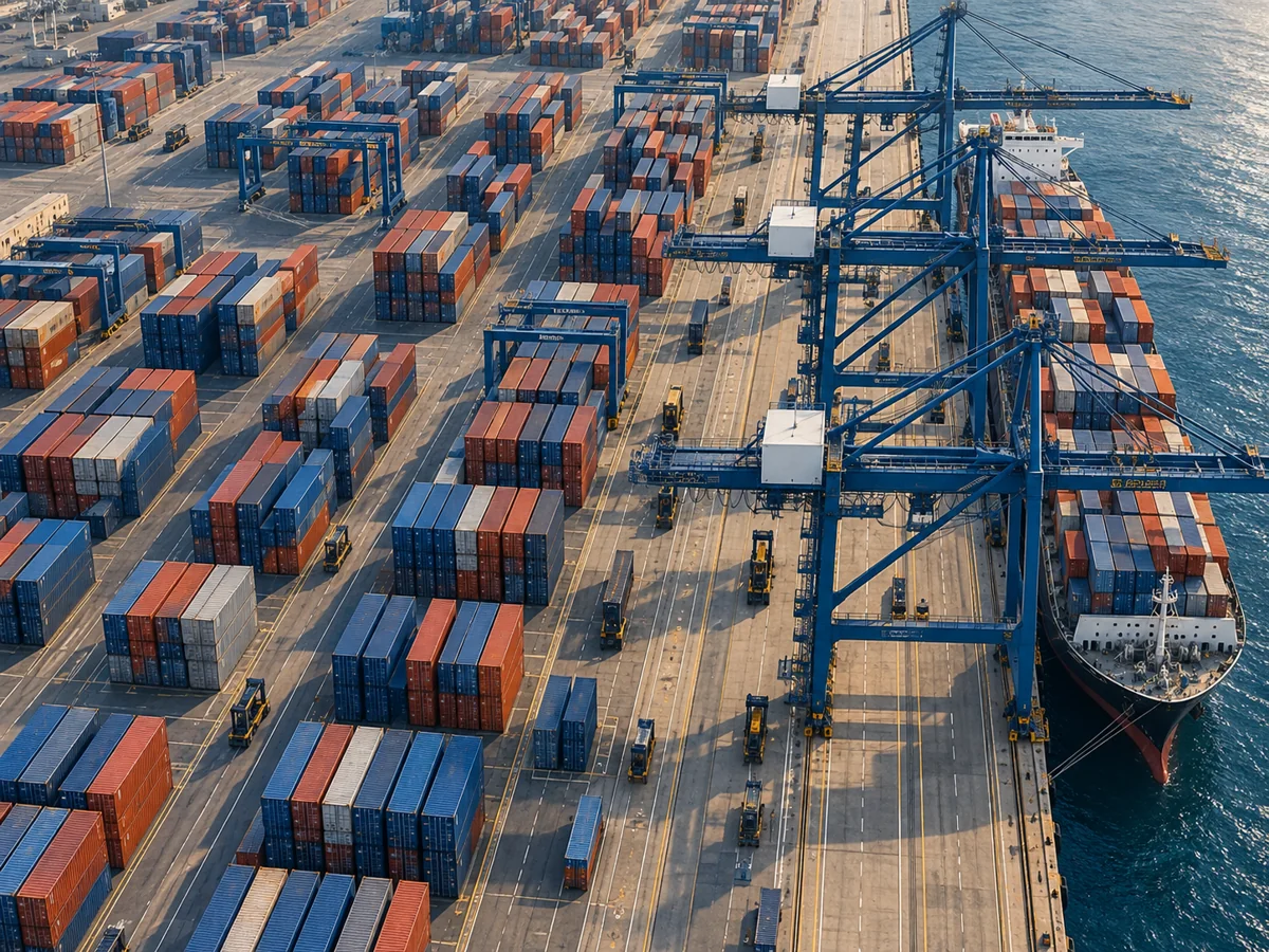 Ilustracja AI przedstawiająca terminal morski z kontenerami i suwnicami.